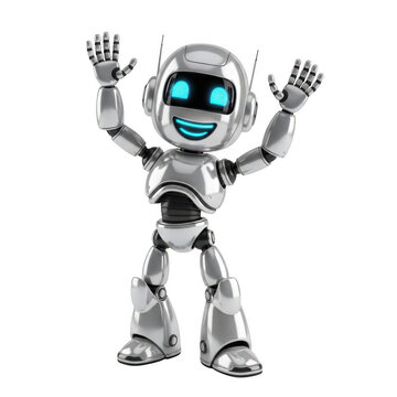 Cheerful robot with arms raised isolated on white background