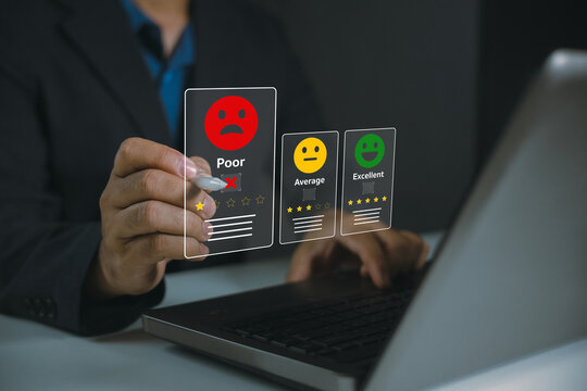 A person interacts with a virtual rating interface showing poor, average, and excellent feedback options on a laptop.