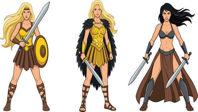 Female Warrior Trio &mdash; Blonde Shield Maiden, Gold Valkyrie & Dual-Sword Dark Hair Barbarian Character Set