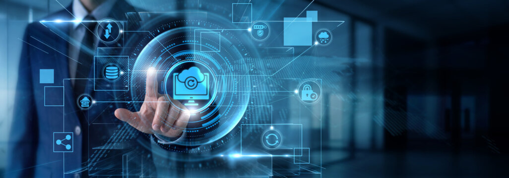 System Administrator touching Backup data and disaster recovery solution, secure cloud storage replication, digital file preservation, server failure protection.