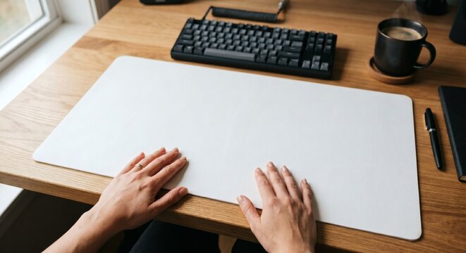 Blank white leather desk mat pad mockup held by hands POV