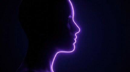 Obraz premium Female silhouette profile with neon illumination on a dark background representing identity.