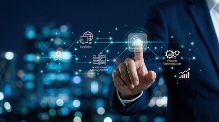 Obraz premium A professional interacting with virtual icons for production planning and control.