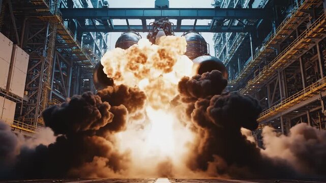 Powerful Rocket Engine Ignition: Massive spacecraft engines firing with intense flames and smoke inside a high-tech industrial launch facility, ideal for aerospace documentaries and sci-fi cinematic.