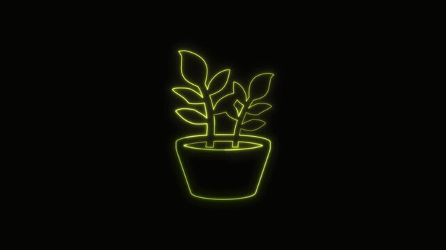  Plant Pot Icon Neon Seamless Loop 4K with Black Background Animated Promotional Typography for Video Editing