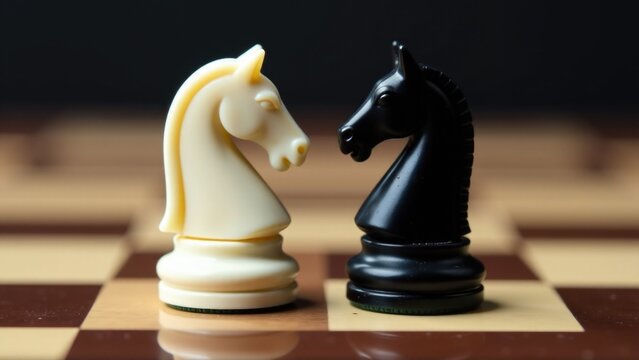 A chess board with two chess pieces placed on it, ideal for showcasing game strategies or business concepts