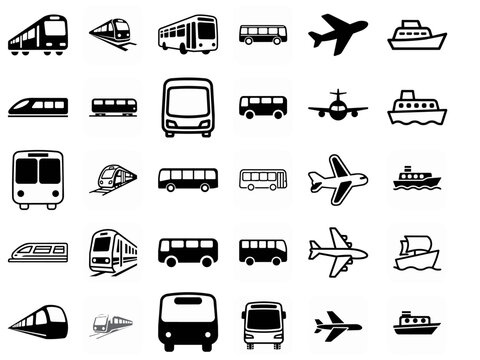 電車、バス、飛行機等公共交通機関のアイコン集