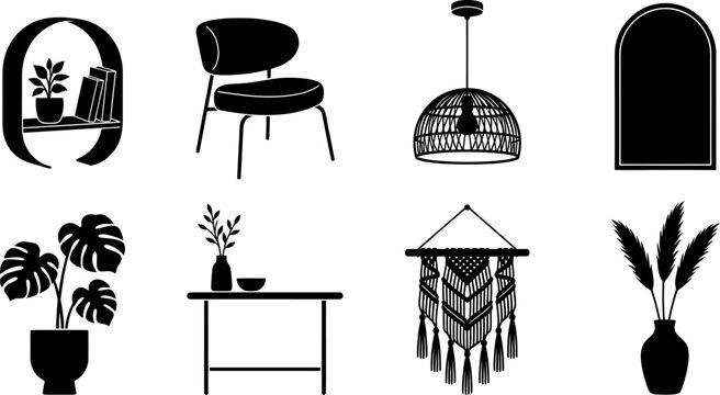 Boho interior design elements chair lamp macrame plant vector graphic