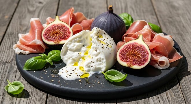 classic Italian antipasto board on a dark weathered oak table under bright, direct sun, Prosciutto di Parma and Creamy Burrata, Tear of fresh burrata cheese showing stracciatella texture, delicate fol
