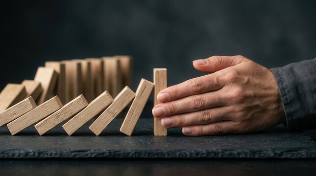 A hand stopping a row of falling wooden dominoes to prevent a collapse.