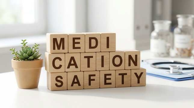 Wooden blocks with medication safety text on a desk for pharmaceutical management.