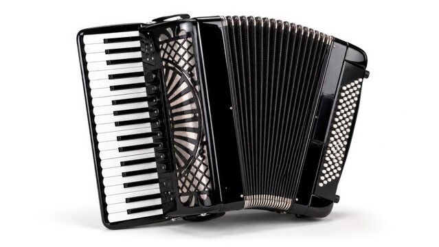Black piano accordion with bellows, keyboard and bass buttons on a white studio background