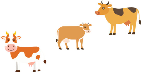 Fototapeta premium Farm animals Three cartoon cows in different poses and colors, representing livestock and dairy farming