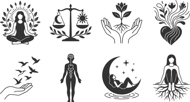 Sun monstera flower moon hamsa eye branch cactus pot vector art