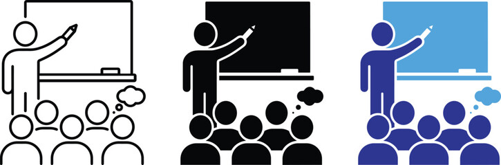 Teacher Presenting Lesson To Students In Classroom With Whiteboard And Thinking Bubbles Illustration © AYESHA