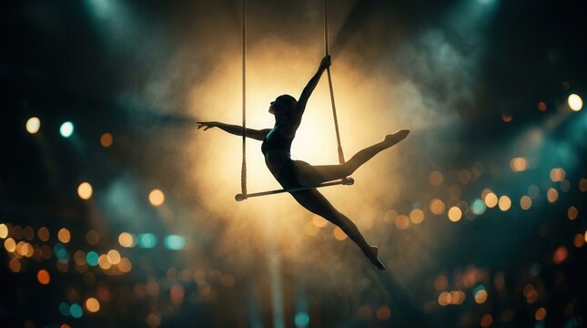 A graceful acrobat performing an aerial routine on a trapeze bar under a golden spotlight.