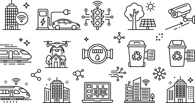 Smart city and infrastructure line art vector icon set with electric car drone delivery solar panel connected buildings