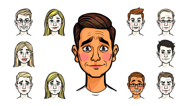 Ambiguous Emotions: A central portrait of a young man displays a complex mix of emotions, surrounded by smaller illustrated faces showcasing a spectrum of human feelings.