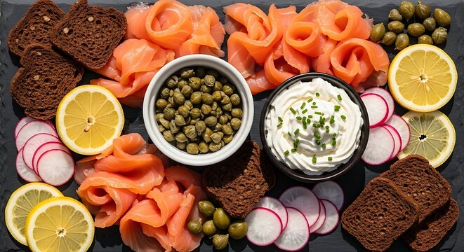 Seacuterie board arranged on a dark charcoal-colored stone board, Cold-Smoked Salmon and Herbed Cream Cheese, Ribbon folds of bright pink smoked salmon, a ramekin of whipped cream cheese with chives, 