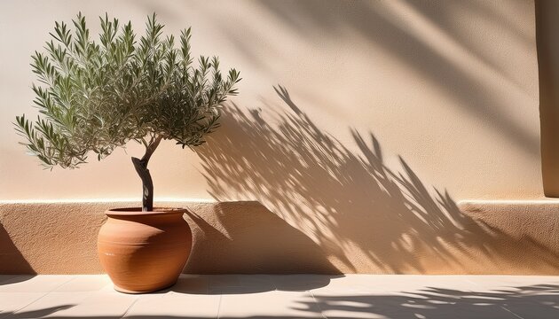 olive tree shadow on beige rustic wall with clay pot summer mediterranean traditional home architecture design neutral aesthetic texture paint plaster facade mockup background