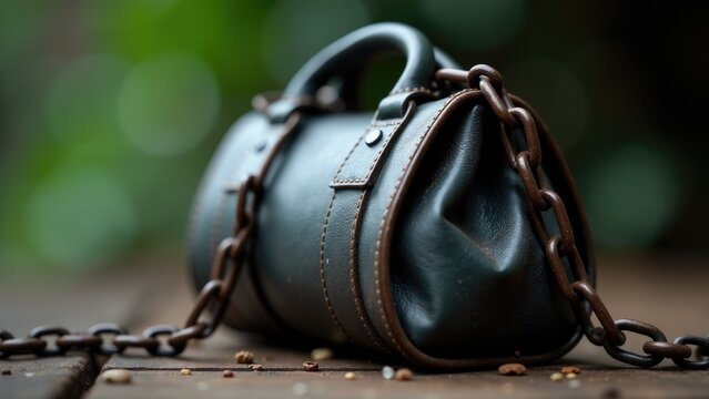 A black purse is chained to a lock or a door