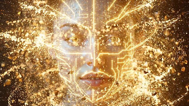 Close-up woman's face integrated with digital circuitry and data streams. Shimmering golden particles, light trails, and geometric fragments swirl around head in a striking consciousness visualization