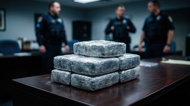 Seized drug packages stacked on a table with blurred police officers in the background.