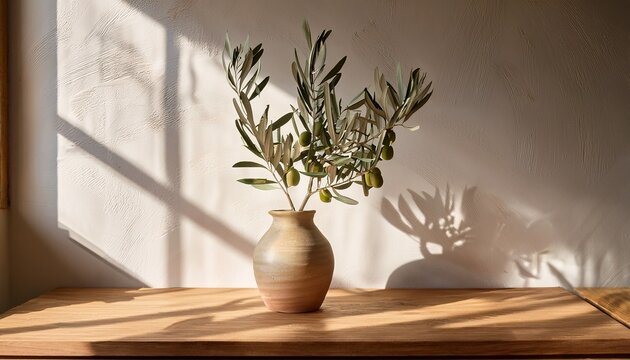 aesthetic home decor with olive branch in vase on wood table and plaster wall window sunlight shadow interior decoration in neutral boho style using natural material home design background