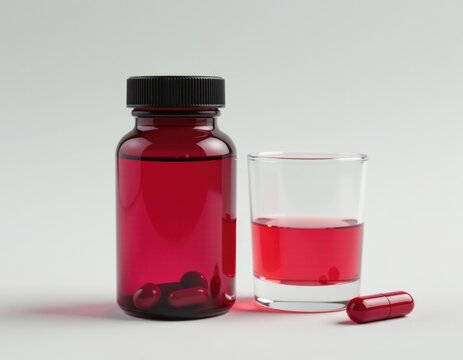 A glass of red liquid next to a pill bottle, potentially for self-medication or overdose