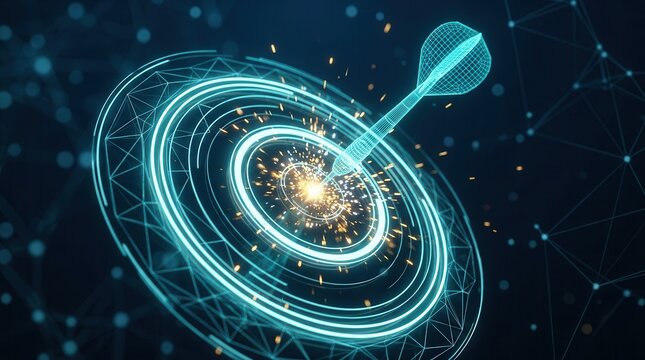 A futuristic digital interface featuring a wireframe dart hitting a circular data ring target.