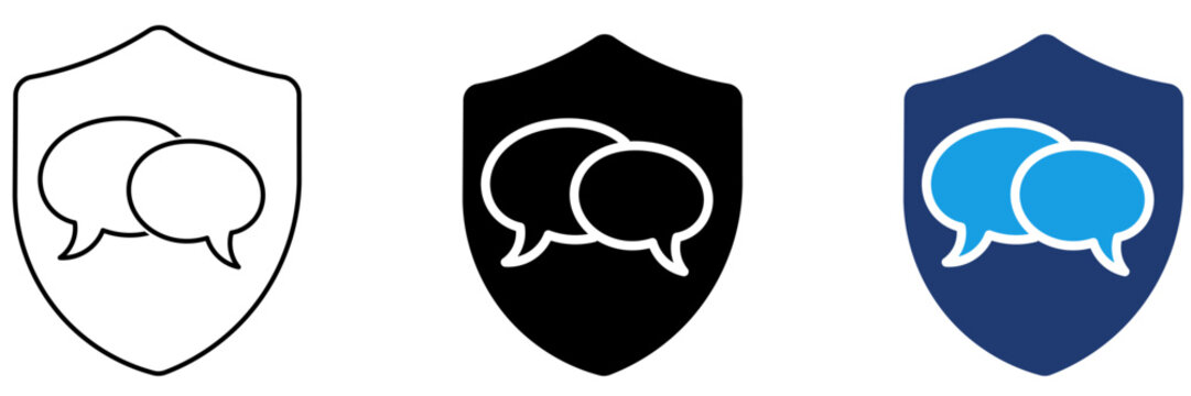 Reliable Customer Support and Service Guarantee Icon. Chat Bubbles inside Protection Shield representing Trusted Consultation, Helpline, and Privacy Policy.