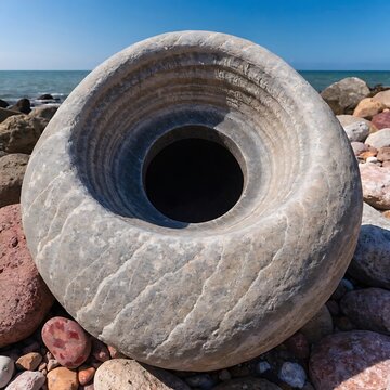 Ancient carved stone disc with circular cavity on rocky beach shore with sea background.