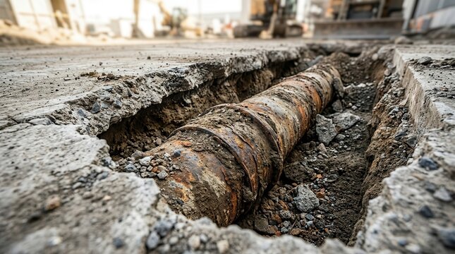 Broken concrete slab revealing an exposed sewer line pipe with soil erosion.
