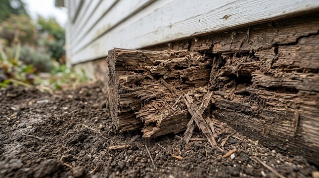 Wooden house foundation showing severe termite damage and wood decay.