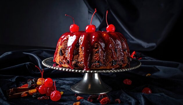Rich fruitcake with glistening glaze and maraschino cherries on a silver platter