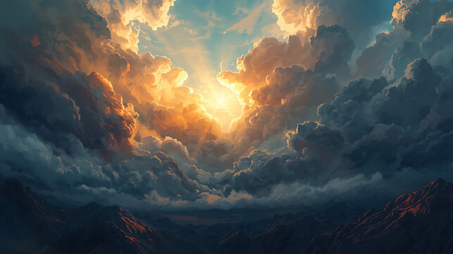 This digital painting depicts a dramatic sunset with sunrays breaking through thick, dark clouds.
