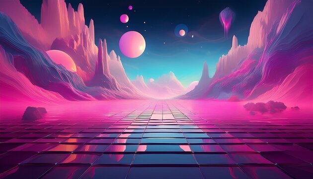 a vibrant digital dreamscape featuring impossible pastel geometry floating over a dark void perfect for abstract digital art background use texture abstract magenta