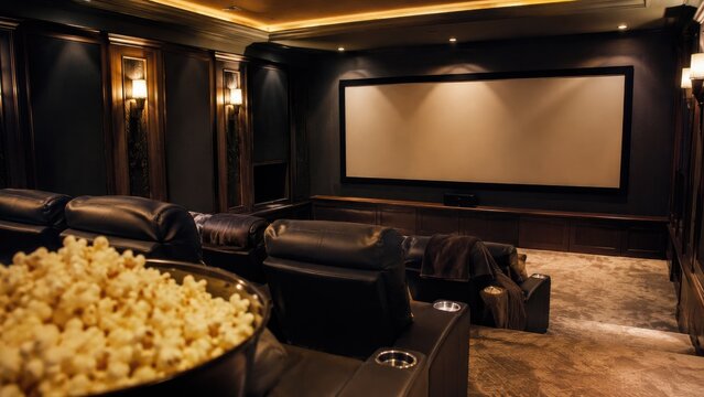 Luxury home theater with large projection screen, leather recliners, popcorn bowl and warm ambient cove and sconce lighting