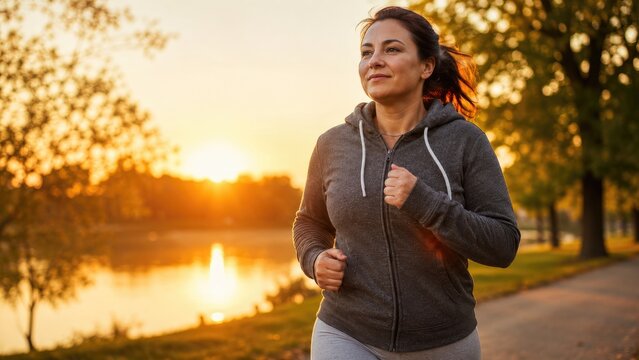 Middle-aged woman jogging along a lakeside park path at sunrise, wearing a hoodie and activewear, enjoying a calm, determined morning run
