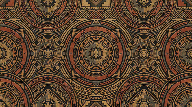 Tribal circular pattern carved stone texture eagles lions.