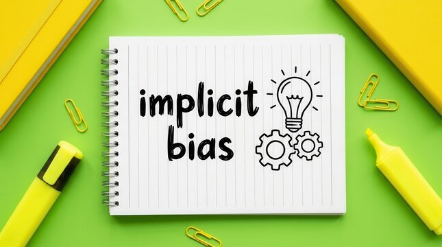 Implicit bias concept drawn on a spiral notebook page with lightbulb and gear graphic.
