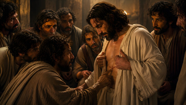 A cinematic depiction of Jesus Christ revealing the wounds on his side to his disciples, who are gathered around him in a dimly lit, ancient setting.