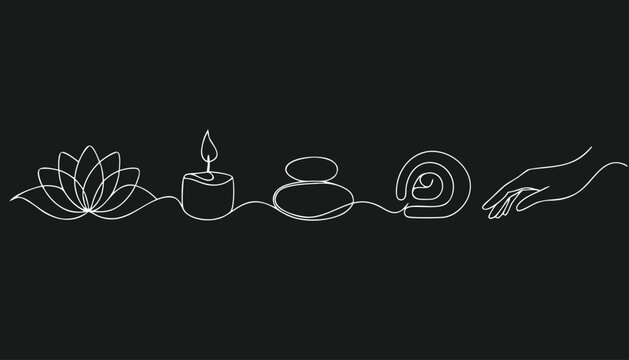 Continuous line drawing of spa elements including lotus candle basalt stones and towel roll