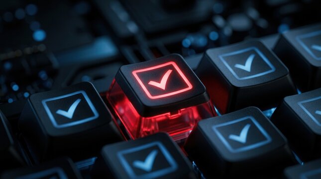 A keyboard key with a red checkmark symbol representing verified data integrity and validation.