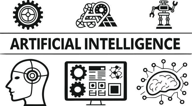 Artificial intelligence technology icon set with android head digital brain robot screen and gears black vector silhouette illustrationArtificial intelligence technology icon set with android head dig