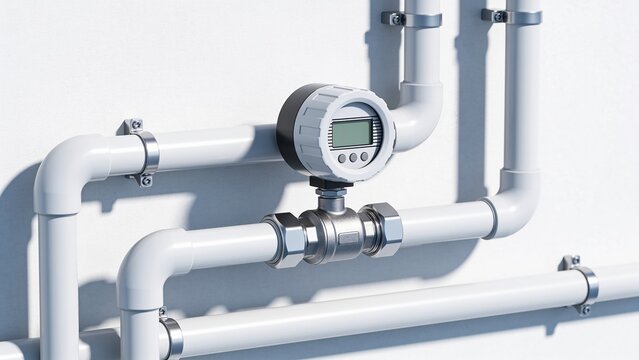 White plastic pipes and a digital water meter mounted on a wall. The setup is clean and modern, suitable for plumbing or industrial applications.