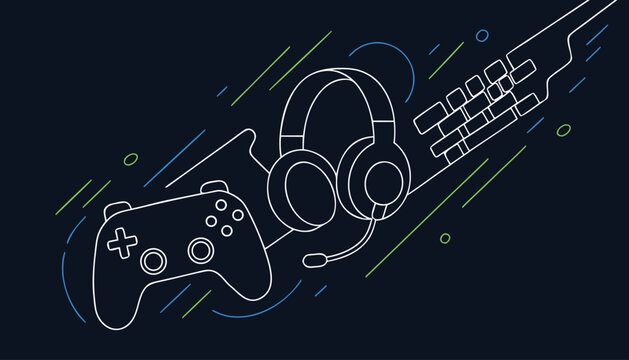 Gaming equipment line art illustration with controller headset and keyboard on dark blue background