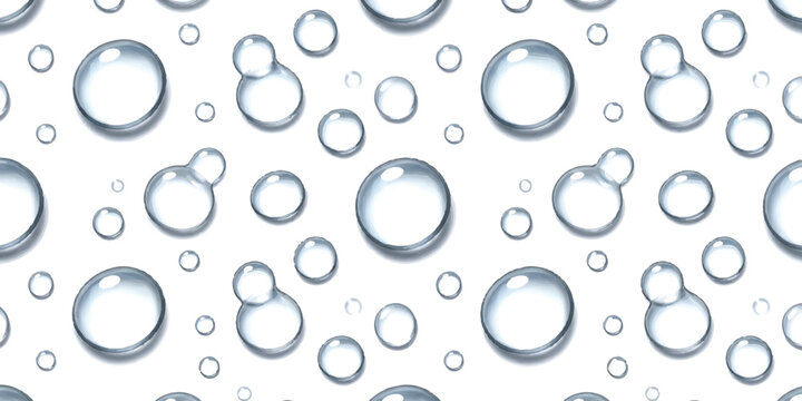 Seamless pattern of realistic water bubbles and drops in different sizes isolated on white background