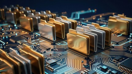 Obraz na płótnie Canvas Digital folder icon array on a circuit board representing a secure information workflow.