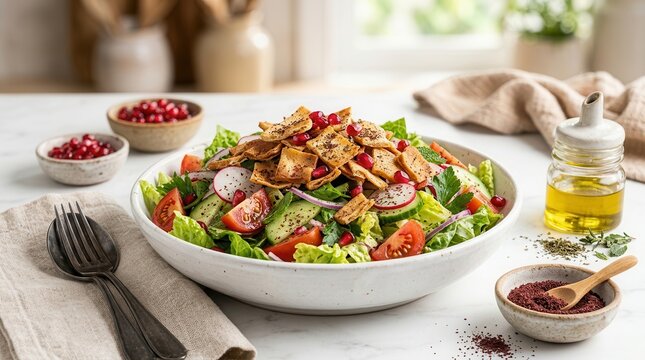 Traditional Fattoush salad appetizer from Syria and Lebanon in a white bowl.